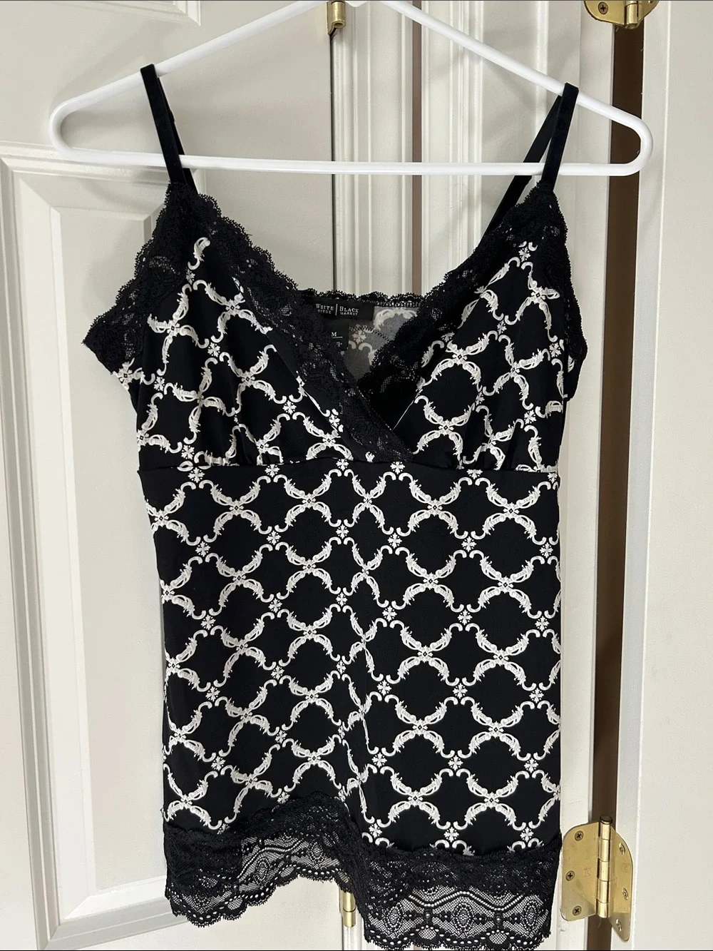 White House Black Market Black and White Printed Lace-Trim Camisole